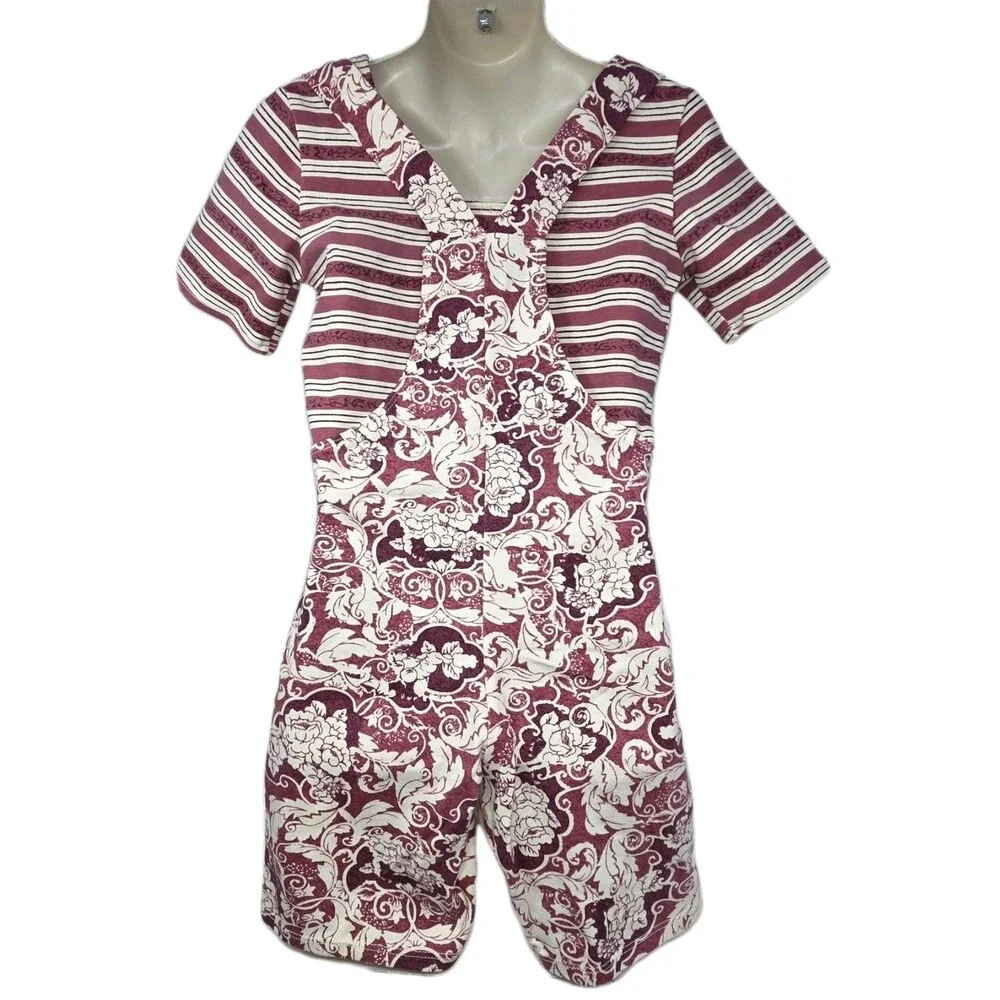 Gilda Marx Y2K 90s Floral Damask Cotton Shortall Biketard Cream Mauve Girls Size